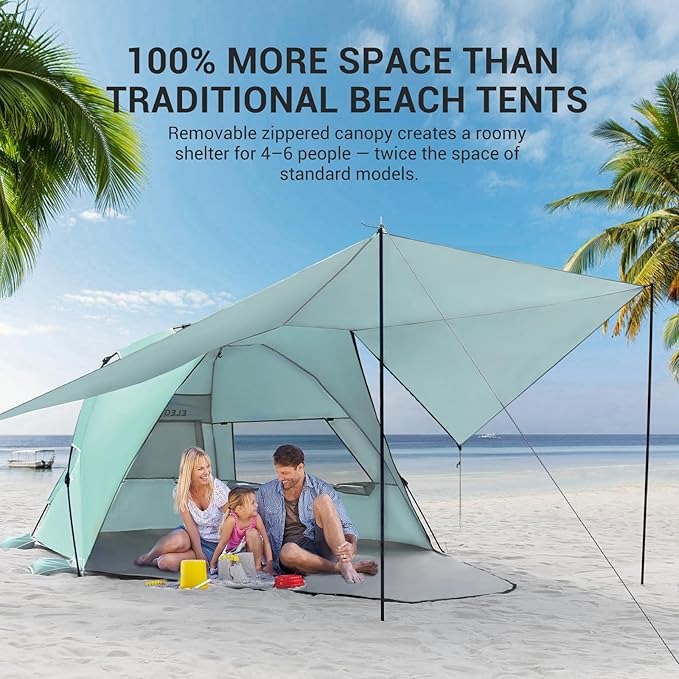 Elegear CumbreX™ Beach Tent with 360° Removable Canopy, 4-6 Person Pop Up Sun Shade Shelter, UPF 50+ Automated Installation Double Silver Coating Portable Lightweight Beach Cabana for Outdoor - Green