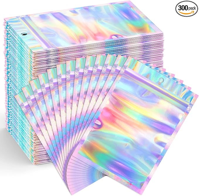 Funfery 300 Pack Smell Proof Resealable Bags for Food Storage,Holographic Bags 4x6 Mylar Clear Packaging Bag- Scent Proof for Cookies, Zip Foil Pouch for Small Business