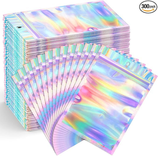 Funfery 300 Pack Smell Proof Resealable Bags for Food Storage,Holographic Bags 4x6 Mylar Clear Packaging Bag- Scent Proof for Cookies, Zip Foil Pouch for Small Business