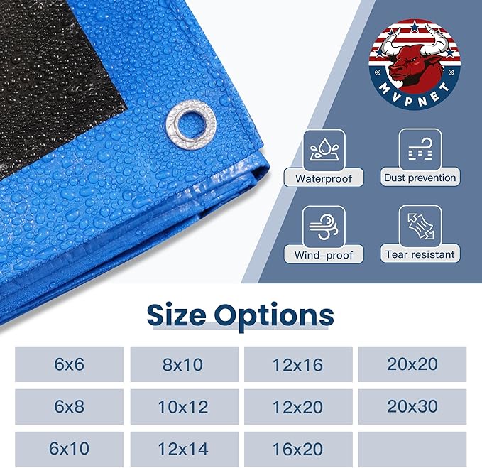 Tarp 6x10 Waterproof 7mil Blue/Black Multipurpose Tarps Uv Resistant Outdoor Tarp for Camping, Rooftops, Yards, Pools, Vehicles, Boats by-MVPNET