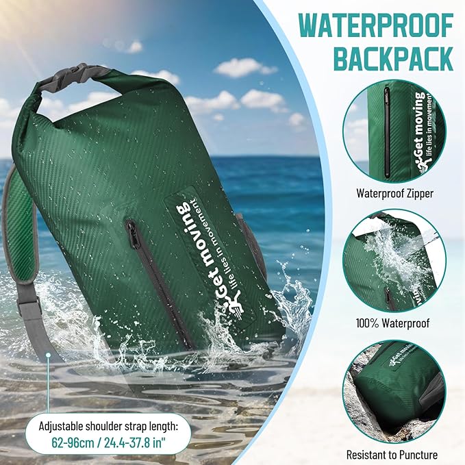BKNOOU Dry Bag Waterproof for Women Men, 10L/20L Roll Top Lightweight Dry Storage Bag Backpack for Travel, Kayaking, Boating, Rafting, Camping, Hiking and Beach, with Phone Case (Military green, 10L)