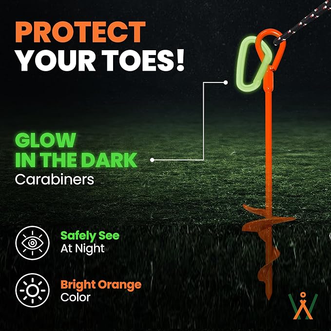 15 inch 4 Pack Ground Anchor Stakes, High Visibility Multi-Purpose Heavy Duty Metal Earth Augers for Tents, Canopies, Trampoline Sheds, Car Ports, Swing Sets, (Orange-4 Pack)