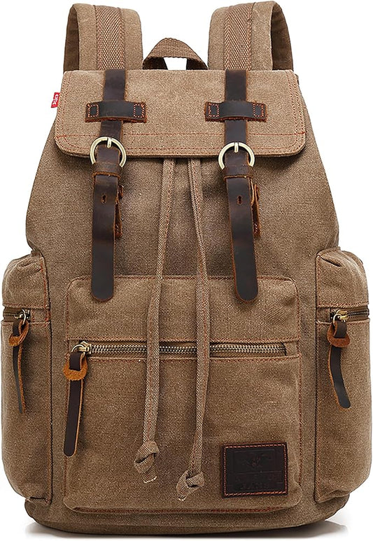 HuaChen Vintage Canvas Travel Backpack with Leather Trim, Laptop Padded Sleeve, Hidden Back Security Pocket, Fits 14-Inch, M32 Brown