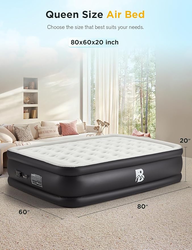 20" Queen Size Air Mattress with Built-in Pump - 2-Minute Setup, No Odd Smell, Supports 600 lbs - Perfect for Camping, Guests & Home Use - Includes Storage Bag