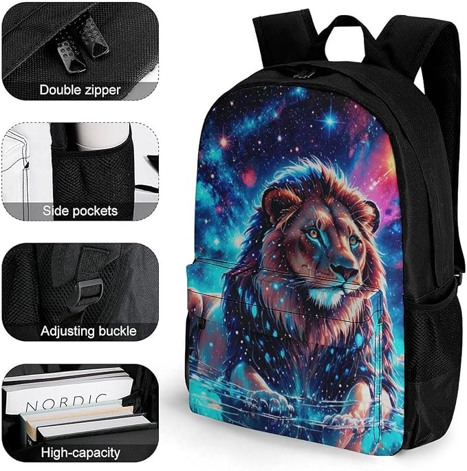 Men Women Polyester Galaxy King Of Lion Star Space Daypack Big Capacity Shoulder Bag With Adjustable Shoulder Straps for Camping Travel Walking Cycling