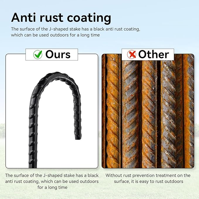 16 Inch J-Hook Rebar Stakes, HeavyDuty Anti-Rust Ground Anchors for Chainlink Fence, Garden Dog Fence, Sports nets, Camping Tent, Etc (20 Pack)