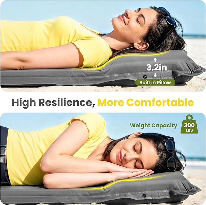 Self Inflating Sleeping Pad with Electric Pump, Memory Foam Camping Pad with Built-in Pillow, 4 Season Camping Mattress Pad, Camping Essentials Gear for Tent, Car, Hiking - Gray