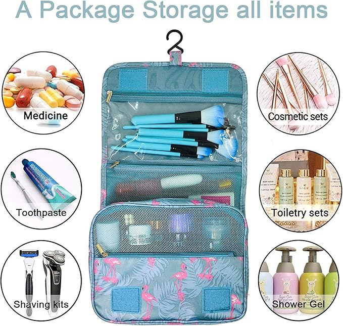 Trawila Travel Hanging Toiletry Bag Cosmetic Bag Makeup Organizers for Men & Women with Sturdy Hook (Light Blue Flamingo)