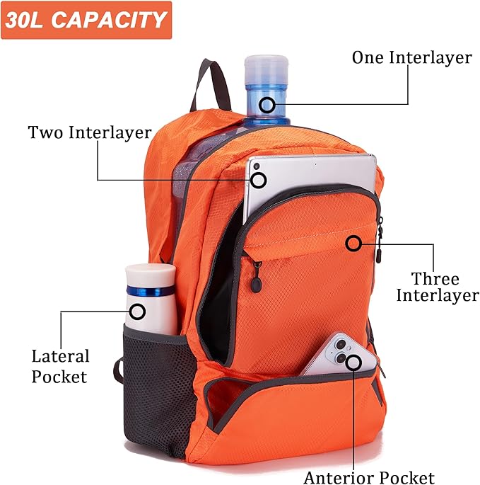 YZAOLL 30L Hiking Backpack Lightweight Day Packs, Packable Backpack for Women Men Travel Camping Vacation,Orange