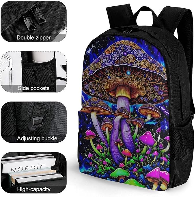 Supdreamc Shoulder Book Bags Anti-Theft Multipurpose Big Capacity Bookbag, Psychedelic Magic Mushrooms Trippy Galaxy Space Art Travel Hiking Backpack With Smooth Zippers
