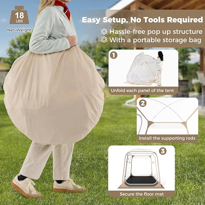 Pop up Sports Tent, Portable Weather Pod for 1-6 Person, Garden Screen House Shelter with Floor Mat & Carry Bag, Outdoor Clear Bubble Tent for Sports Event Soccer Camping (7 x 7 x 6.4 ft)