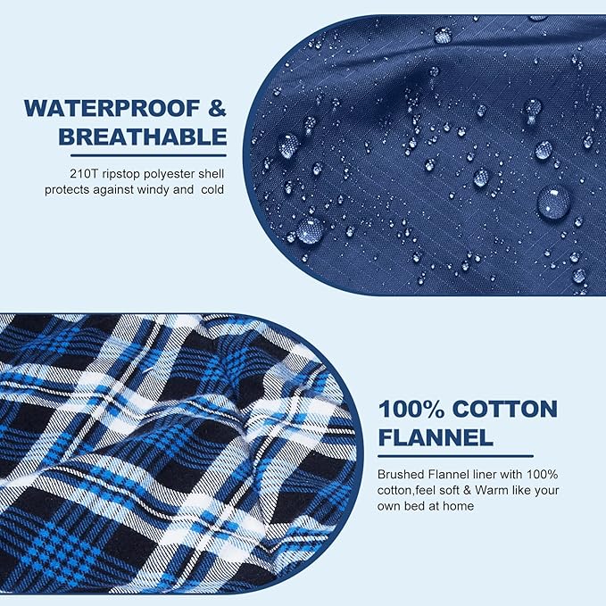 AGEMORE Cotton Flannel Double Sleeping Bag with Fleece Lined Hood, Waterproof Queen Size 2 Person Sleeping Bag for Adults Cold Weather Camping Backpacking or Hiking, 3-4season