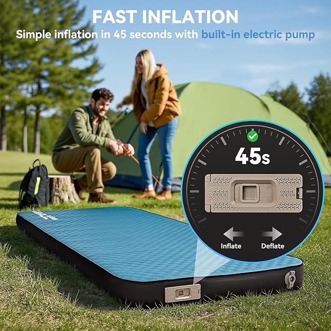 HEETA Waterproof Duffel Bag Motorcycle Dry Bag (Green 60L) Bundled with Self Inflating Sleeping Pad with Electric Pump, 4" Ultra Thick Memory Foam Camping Mattress