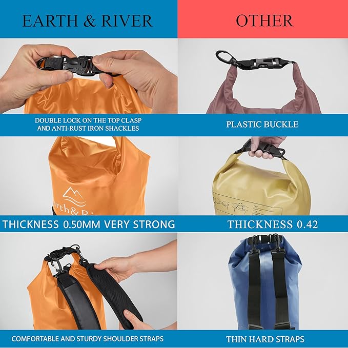EARTH&RIVER Premium Waterproof Dry Bag Backpack, Extra Thick, Protection for All Water Activities & Camping, Floating Lightweight Dry Bag & IPX8 Waterproof Phone Case (Orange, 10L)