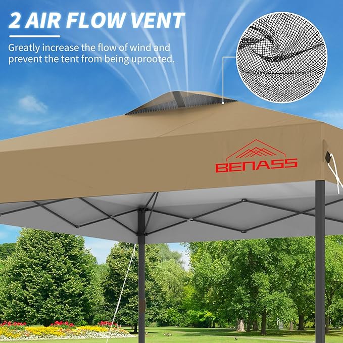 10x10 Pop Up Canopy, Easy Up Canopy Tent, Heavy Duty Tents for Parties, One Person Set Up Event Tent, Khaki