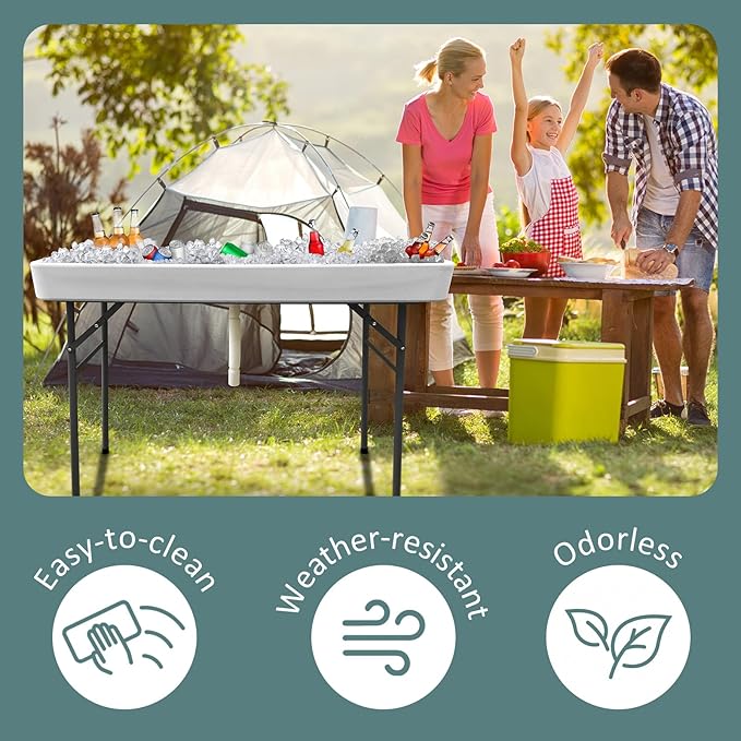4 Foot Bar Folding Ice Cooler Table with Drain, Portable Tailgate Camp Fishing Cleaning, Foldable Party Chilling Cooler Table Outdoor for Party,BBQ,Camping,Wedding