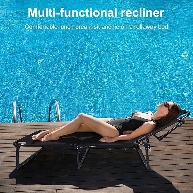 Camping Cot Portable Folding Bed with Mattress for Adults, 4 Position Adjustable Cot Recliner Chair with Pillow Heavy Duty Steel Frame Supports 440 LBS for Camping，Office, Pool, Beach, Patio