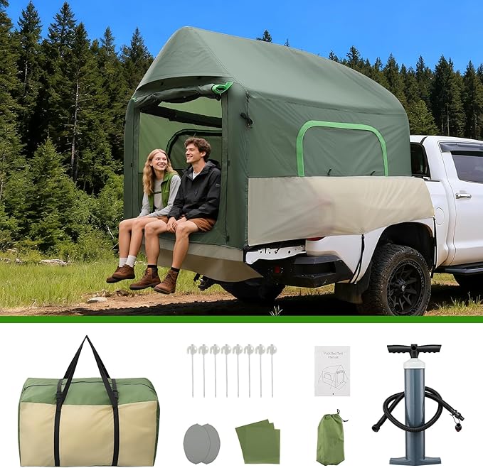 Truck Bed Tent 5.5ft-8ft Easy Set up Inflatable Pickup Truck Tent with Pump for Camping PU 3000mm Waterproof Dual-use Pickup Tent or Camping Tent for 2 Person Double Layer Mesh Window & Door