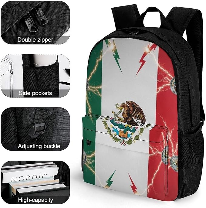 Polyester Daypack Backpack for Trekking Picnic Walking Cycling, Large Capacity Anti-Theft Multipurpose Shoulder Bag, Cool Lightning Eagle Mexico Flag Art Casual Daypack