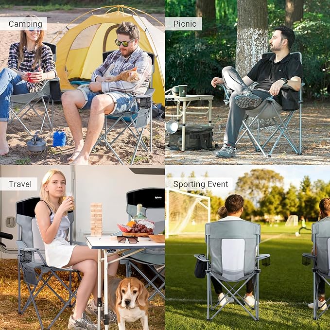 Camping Chairs Lawn Portable Foldable Camp Folding Lightweight Chair for Adults with Drink Holder and Cooler Pouch Outdoor for Camping, Lawn, Sports, Picnic, Music Festival, Gray Black