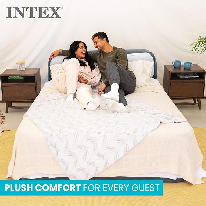 Intex Queen Size Air Mattress, 18in Height Airbed with Headboard, Built-in Pump, Dura-Beam Deluxe Ultra-Plush - Portable Inflatable Bed for Camping & Travel