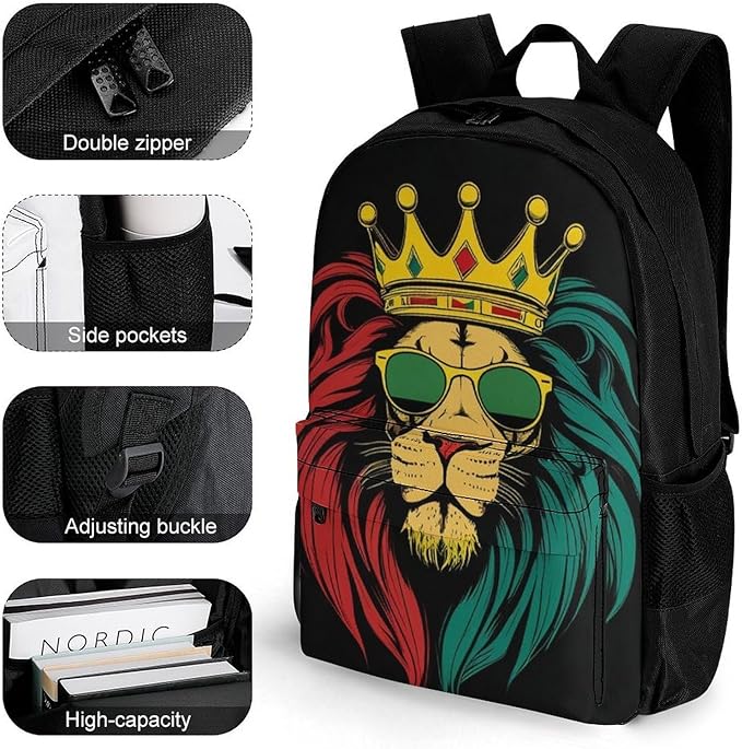 Supdreamc Daypack Bookbag Anti-Theft Multipurpose Large Capacity Bookbag, Reggae King Rasta Flag Lion Black Travel Hiking Camping Rucksack With Adjustable Shoulder Straps