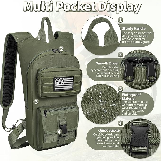 Hydration Backpack, Tactical Molle Water with 2L TPU Water Bladder, for Men Women Lightweight Water Backpack, Hydration Pack for Hiking, Biking, Climbing and Hunting, Military Green