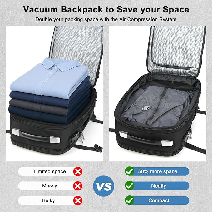 POSO Vacuum Backpack Travel, 60L Expandable Vacuum Seal Backpack with Pump, fit 17'' Laptop Backpack, TSA Lock Carry-On Airback Travel Backpack with Detachable Compression Airbag- Black
