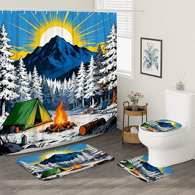 Mountain Shower Curtain Sets, Nature Outdoor Tent Campfire Summer Blue Waterproof Fabric Bathroom Sets with Shower Curtain and Rugs Decorative for Toile Guest Room 72x72 Inch