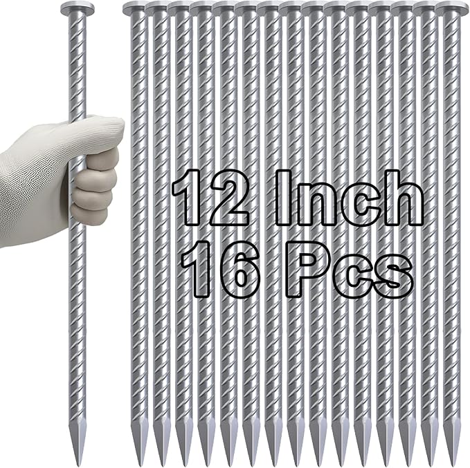 VVOKGO 12 Inch Rebar Stakes Metal Asphalt Anchoring Spikes Ground (16pcs), 1/2 Inch Diameter Galvanized Landscape Anchors Heavy Duty for Speed Bump, Handicap Threshold Ramps, Parking Limits Curb, Tarp