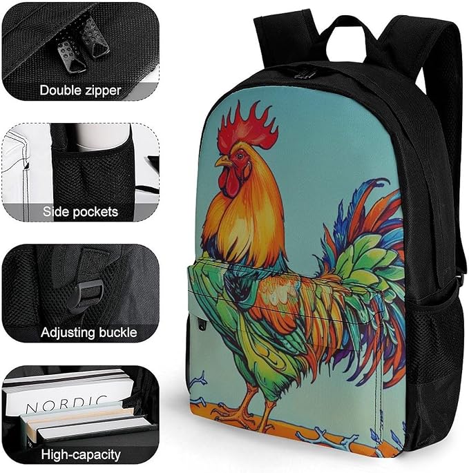 Daypack Polyester Anti-Theft Multipurpose Rooster Cock Art Bookbag Big Capacity Gym Outdoor Hiking Backpack With Adjustable Shoulder Straps