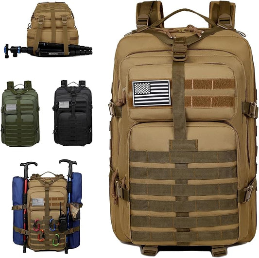 45L Military Tactical Backpack for Men, Large 3-Day Assault Pack MOLLE Rucksack, Waterproof Survival Bug Out Bag for Hiking, Camping, Hunting, Gym & Work, Includes US Flag Patch - Desert Khaki