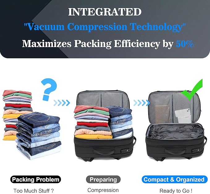 POSO Vacuum Backpack Travel – Expandable Compression Carry On Backpack with Vacuum Pump, Water-Resistant TSA Lock Travel Bag, 17" Laptop Backpack for Men Women, Business Airplane Flight Luggage