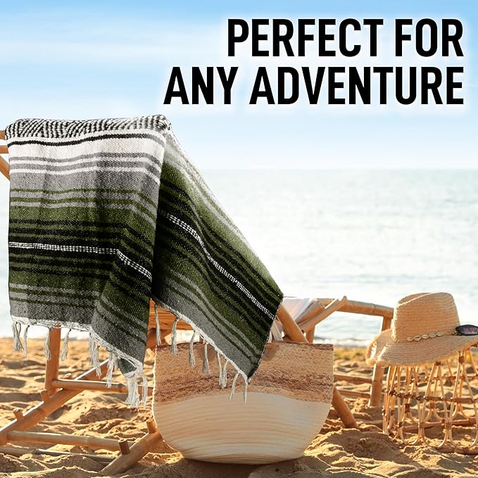 Hydration Nation Authentic Extra Large Mexican Blanket - 70"x50" Handwoven Yoga, Serape, Artisanal Falsa - Camping, Picnic, Outdoor (Military Green)