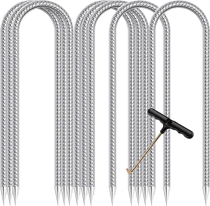 Trampoline Stakes Anchors High Wind Heavy Duty 12inch Trampoline Anchor Kit U Type Sharp Ends Safety Ground Anchor Galvanized Steel for Soccer Goals, Camping Tents (8Pcs, Silver)