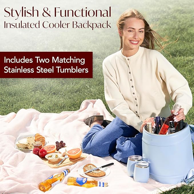 Insulated Cooler Backpack with 2 Stainless Steel Wine Tumblers – Leakproof & Spillproof Stylish Vegan Leather Picnic Cooler Bag – Lightweight & Portable – Holds 24 Cans or 6 Wine Bottles