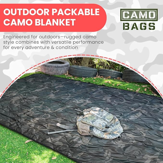 Outdoor Packable Camo Blanket - 1000D Polyester Interior & RIPSTOP Fabric Exterior Blanket with Adjustable & Removable Carrying Strap - Front, Back Storage Pocket - Ideal for Camping & Outdoor Use