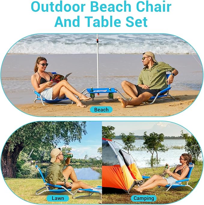 #WEJOY 2 Pack Beach Chairs and Table Set Folding Low Beach Chairs for Adults Lightweight Outdoor Chair with Carry Bag for Lawn Camping Picnic Sports Blue Chair & Table Set