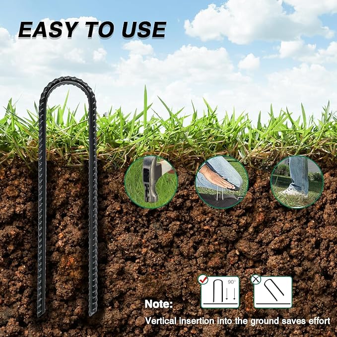 12 Inch Rebar Stakes Heavy Duty, 10 Pack Garden Stake U-Hook, Electrostatic Rust Proof Metal Stakes for Tent, Landscape,Outdoor Decorations, Fabric Ground Cover, Tube Fixing (Black, U-12in-10pc)