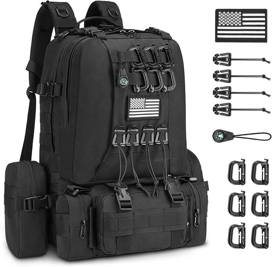 CVLIFE 60L Tactical Backpack for Men Women Military Large Army Rucksack With D-Ring Molle Clips Compass Accessories 3 Day Bug Out Survival Molle Bag Hiking Camping Gym Daypack Backpacks,Black