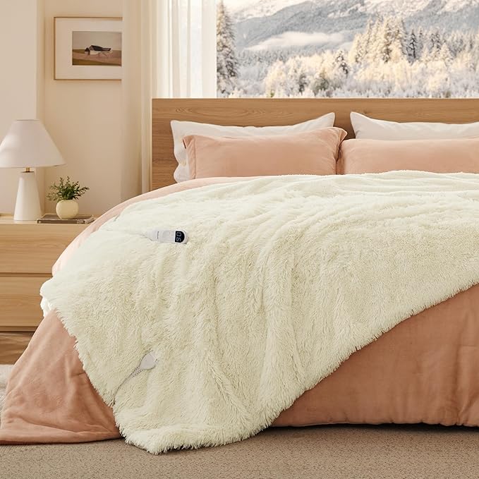 Bedsure Faux Fur Heated Blanket Twin Size, Fast Heating Fluffy Electric Blanket, Heating Blanket Twin Size with 10 Time Settings & 6 Heat Settings, Cozy Gifts for Women Men (62x84 inches, Cream)