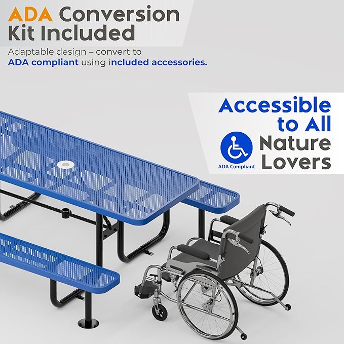 Metal Picnic Furniture for Outdoors with Umbrella Hole - Coated Steel Heavy Duty Commercial Grade Table with Adjustable Seats, Patio Set for a Lifetime (Blue, 6' Rectangular, Punched Steel)