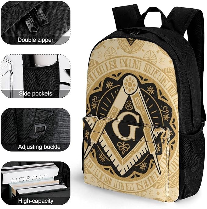 Daypack Backpack Anti-Theft Multipurpose Big Capacity Bookbag, Gold Freemason Freemasonry Masonic Art Business Computer Bag With Side Pockets