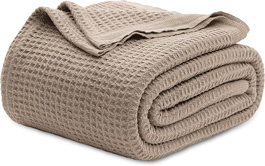 Bedsure Gentlesoft 100% Cotton Blanket King Size for Bed - Breathable and Soft, Waffle Weave Blanket for Summer, Thick Cozy Fall Blankets for Women Gift, Taupe, 104x90 inches
