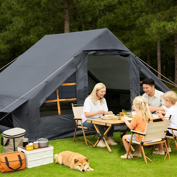 Inflatable Tents with Hand Pump Hot Tent with Stove Jack Easy Blow Up Glamping Tent with Mesh Windows, 4-6 Person Instant Family Camping Tents Waterproof for 4 Seasons