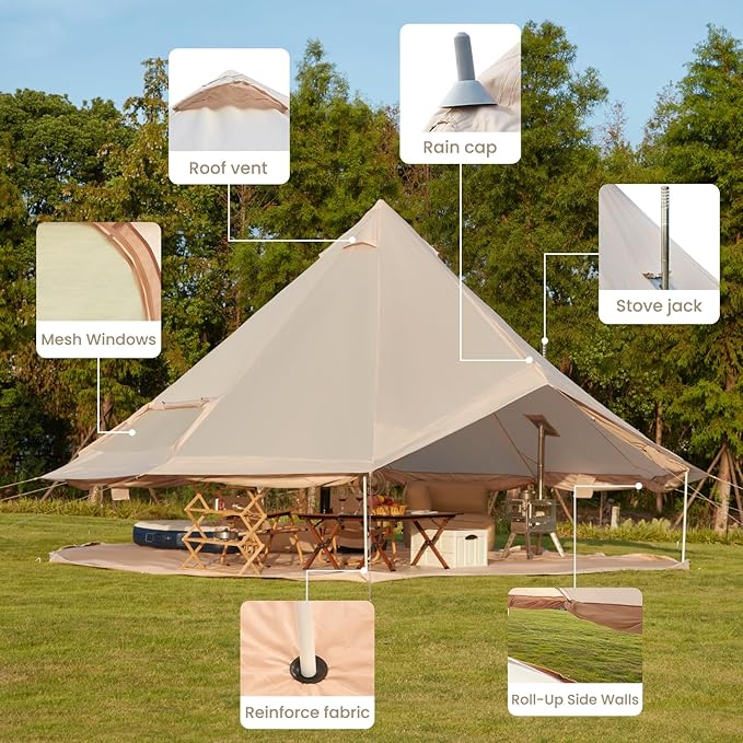 Bell Tent for Family Camping, 9.8/13.1/16.4 FT Yurt Tent with Stove Jack, 4 Season Oxford Tents for Outdoor Party, Hot Tent Shelter Fits 3-4 People