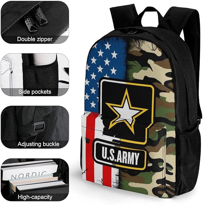 Lightweight Rucksacks for Camping Picnic Walking Cycling, Large Capacity Multipurpose Anti-Theft Carry On Bag, American Flag Army Green Camo Usa Retro Camouflage Travel Hiking Camping Rucksack