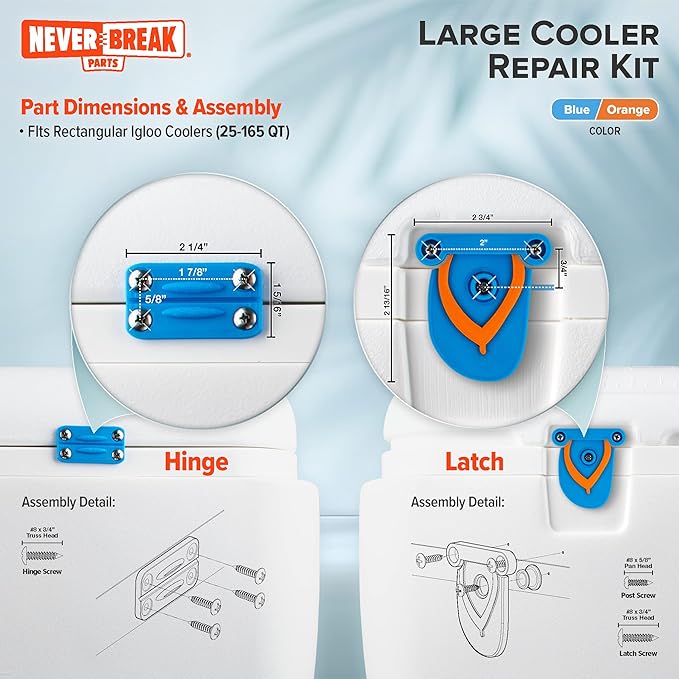 NeverBreak Parts - Igloo Cooler Replacement Parts - Large Repair Kit | High Strength Igloo Cooler Hinges Replacement with Latches | Ice Chest Repair Kit