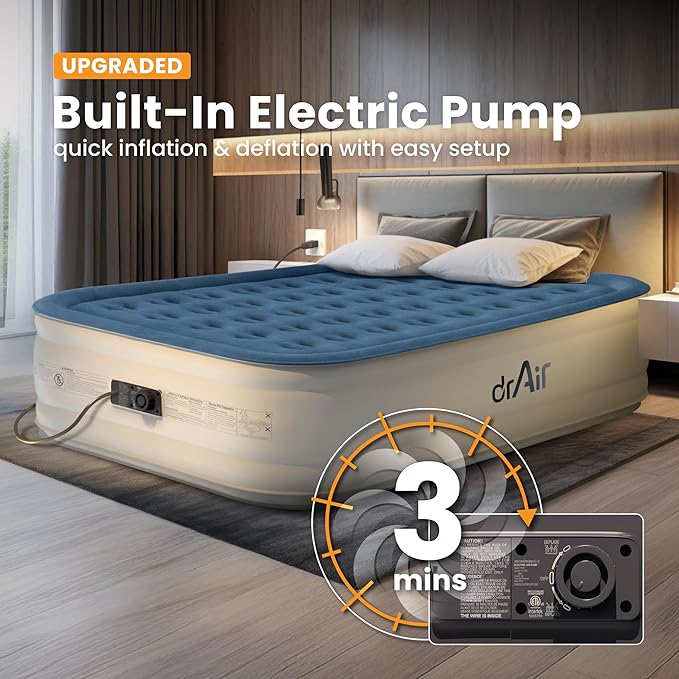 Queen Air Mattress with Built-in Pump, 18" Raised Blow Up Mattress, 800 lbs Max Honeycomb Air Bed, 48Hr Leak-Proof Test, 3min Inflatable Mattress for Home, Guests, Camping, Colchones inflables