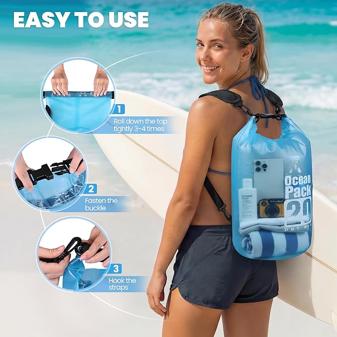 Dry Bag Waterproof, Roll Top Small Waterproof Backpack 20L, Floating Lightweight Bag with Water Proof Phone Pouch for Kayaking, Paddle Boarding, Boating, Fishing, Swimming